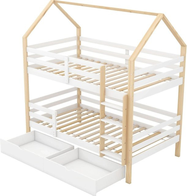 okwish Hausbett für Kinder aus Massivholz mit Schubladen und Rausfallschutz, Weiß, B/T/H: 90 x 200 x 205 cm - Bild 1