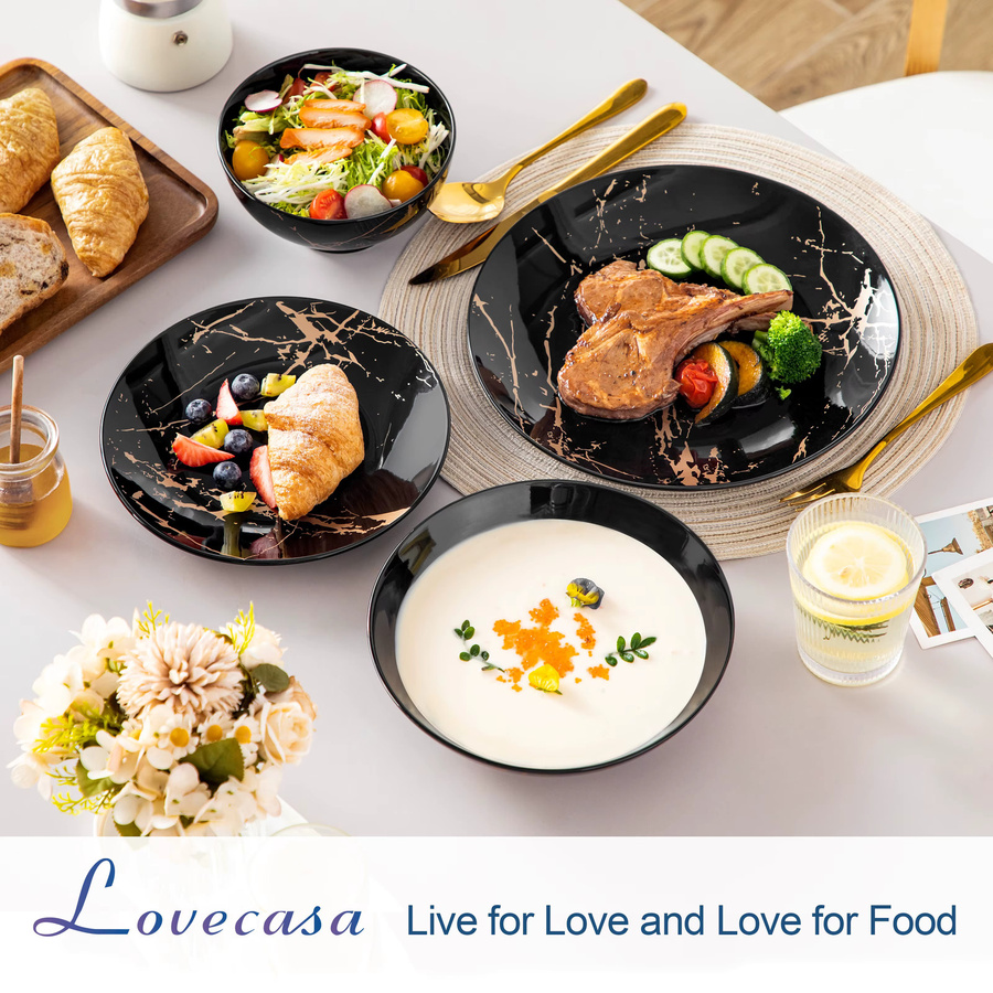 LOVECASA 24-teiliges Porzellan Geschirrset mit goldener Spritzglasur in Schwarz und Gold - Bild 3