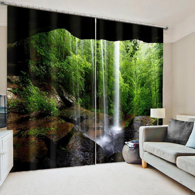 A Family Of Home Textiles Vorhang mit Naturmotiv Wald, Berge und Wasserfall, 2 Paneele, halbtransparent, Mehrfarbig, Breite: 135 cm, Höhe: 185 cm - Bild 1