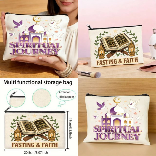 2er-Set multifunktionale Kosmetik-Aufbewahrungstaschen aus Canvas mit Eid al Fitr-Motiv in Weiß - Bild 1