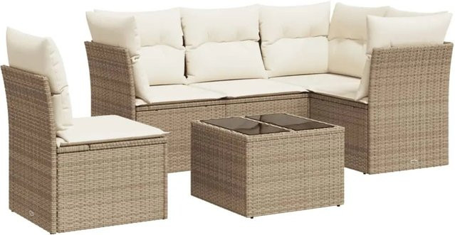 vidaXL 6-teilige Garten-Sofagarnitur in L-Form aus Poly-Rattan in Beige mit Kissen und Gartentisch - Bild 1