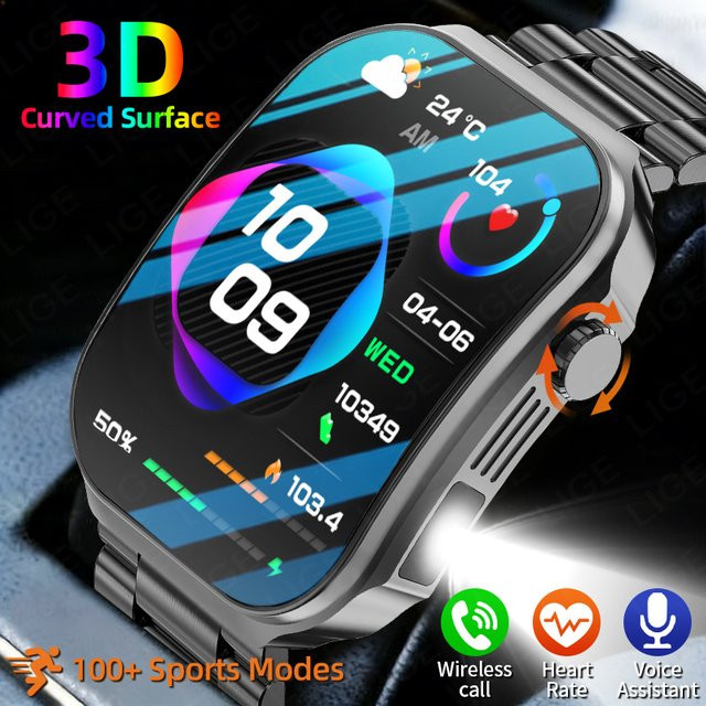 LIGE Smartwatch mit Bluetooth-Anruffunktion, 2,2 Zoll HD-Curved-Screen, Sport- und Gesundheitsmonitor mit Körpertemperaturmessung, Schwarz, Edelstahl und Silikon, kompatibel mit Android und iOS - Bild 1