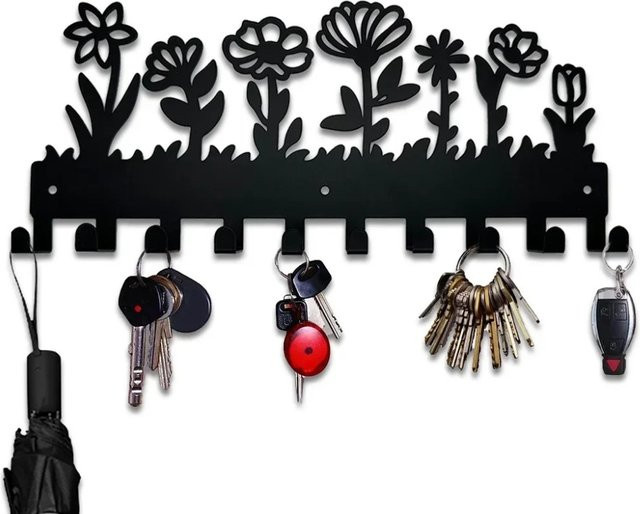 CIFBUY Wandmontierter Schlüsselhalter aus Metall mit Blumendesign und Haken in Schwarz - Bild 1