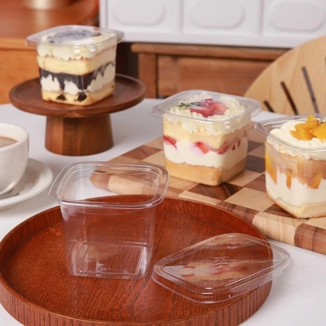 50 Stück Einweg-Mousse-Dessertboxen mit Deckel aus Kunststoff, quadratische Kuchenverpackung, transparent, B/T/H: 7,5 x 10,0 x 5,0 cm - Bild 1