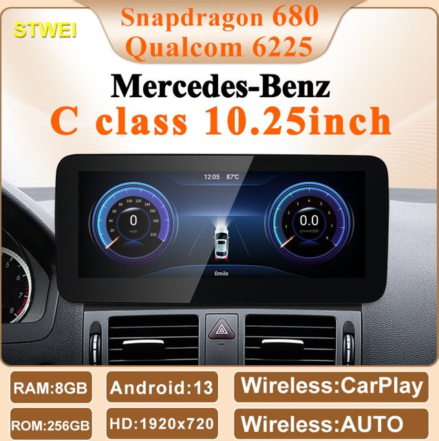 STWEI Android 13 Auto Multimedia Player für Mercedes Benz C Klasse W204 mit Qualcomm 6225 Snapdragon 680, CarPlay, Video und GPS, Schwarz - Bild 1