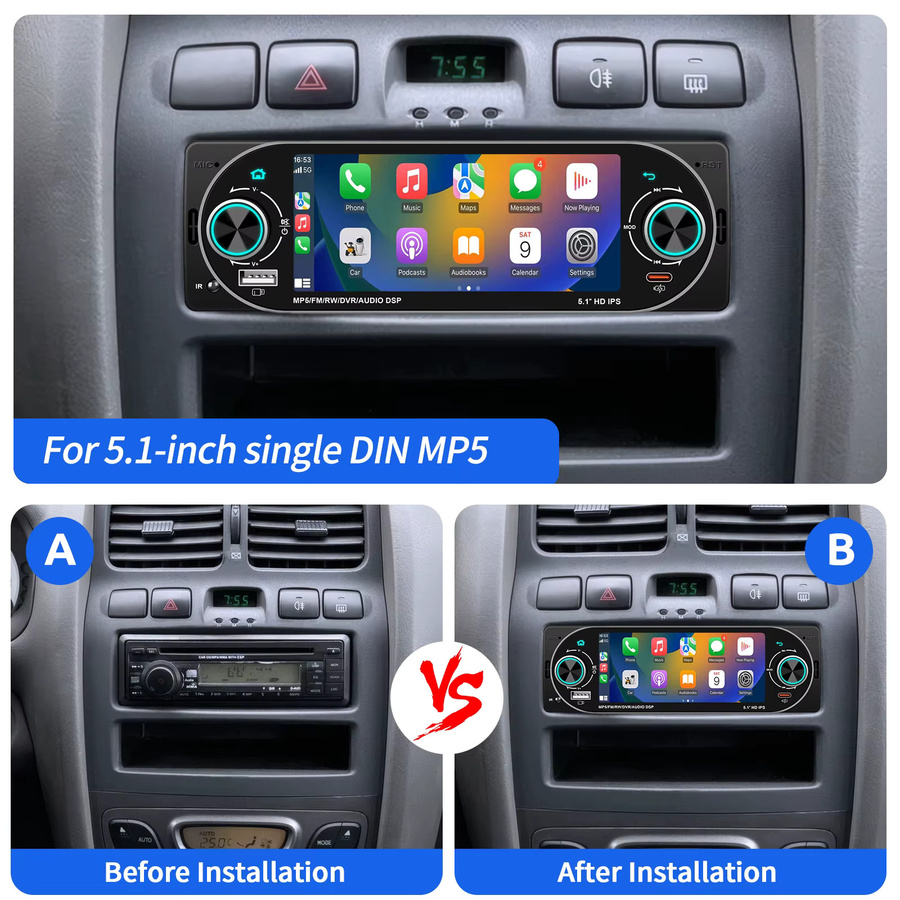 ESSGOO 1-DIN MP5 Autoradio mit 5,1 Zoll IPS-Bildschirm, kabelloses CarPlay und Android Auto, Bluetooth und Mirror Link, Schwarz - Bild 2