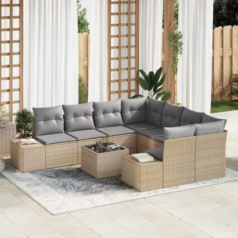 Vidaxl Polyrattan Garten-Sofa-Set mit 9-teiligen Kissen in Beige und Grau, modernes Loungemöbel-Set aus Polyrattan und Metall, B/T/H: 55 x 55 x 37 cm - Bild 1