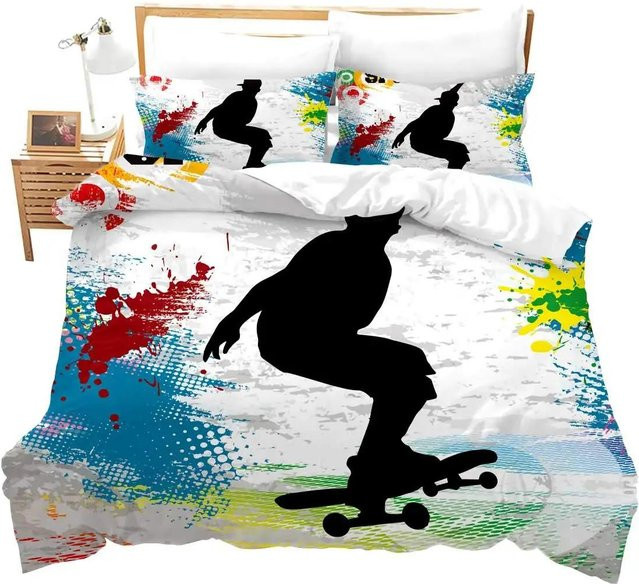 Skateboard Bettwäsche-Set für Teenager im Graffiti-Stil, mehrfarbig, B/H: 135 x 200 cm - Bild 1