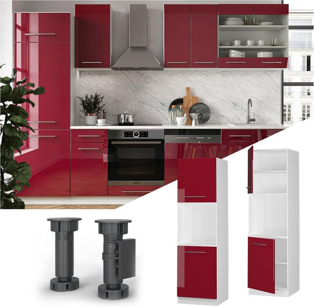 Vicco Herdumbauschrank Fame-Line Küchenschrank in Weiß und Bordeaux Rot mit Hochglanz-Finish, Breite: 60 cm - Bild 1