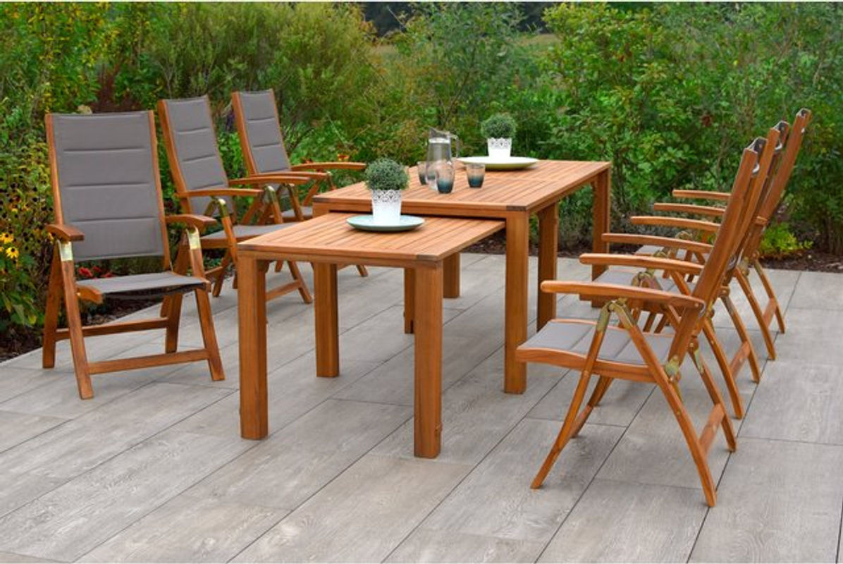 Merxx Gartenmöbelset Acapulco mit Ausziehtisch aus Akazienholz und Textilbespannung, grau/braun, 7-teilig - Bild 2