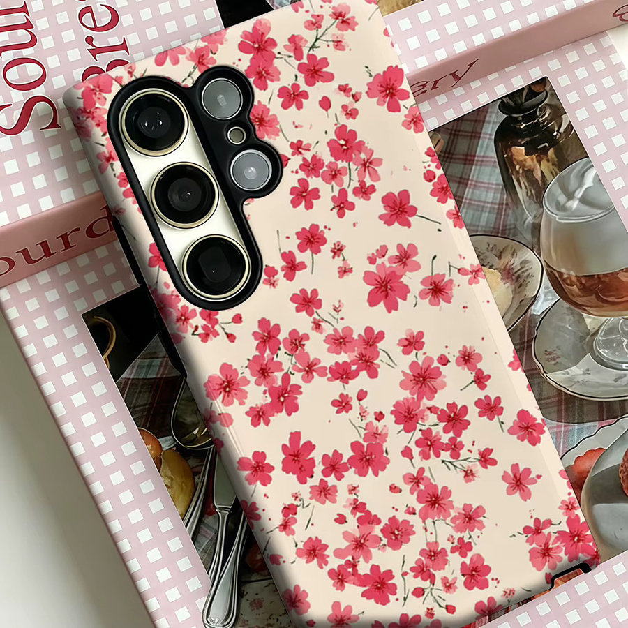 Stoßfeste Doppelschicht Handyhülle mit Blumenmuster für Samsung Galaxy S25 Ultra, S24 und S23 Ultra Plus in Pink - Bild 3