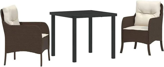 vidaXL 3-teiliges Garten-Essenset aus Poly Rattan und Stahl in Braun mit Kissen und rechteckigem Tisch - Bild 1