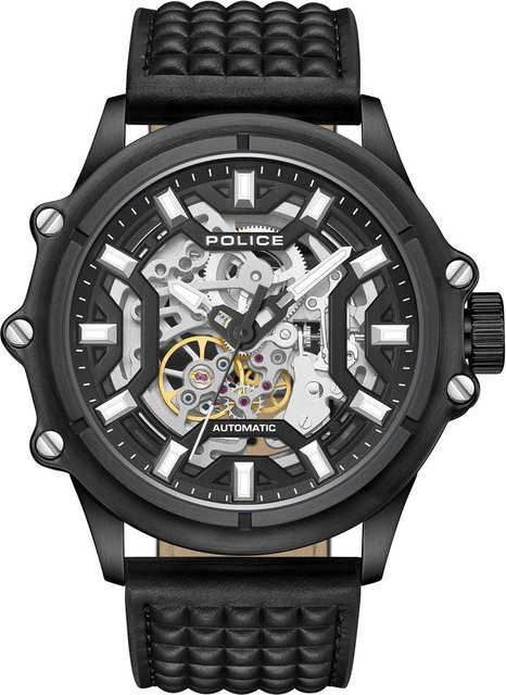 Police Herrenuhr Luang, Automatik, Edelstahl, Leder, Schwarz, 46 mm, 5 ATM - Bild 1