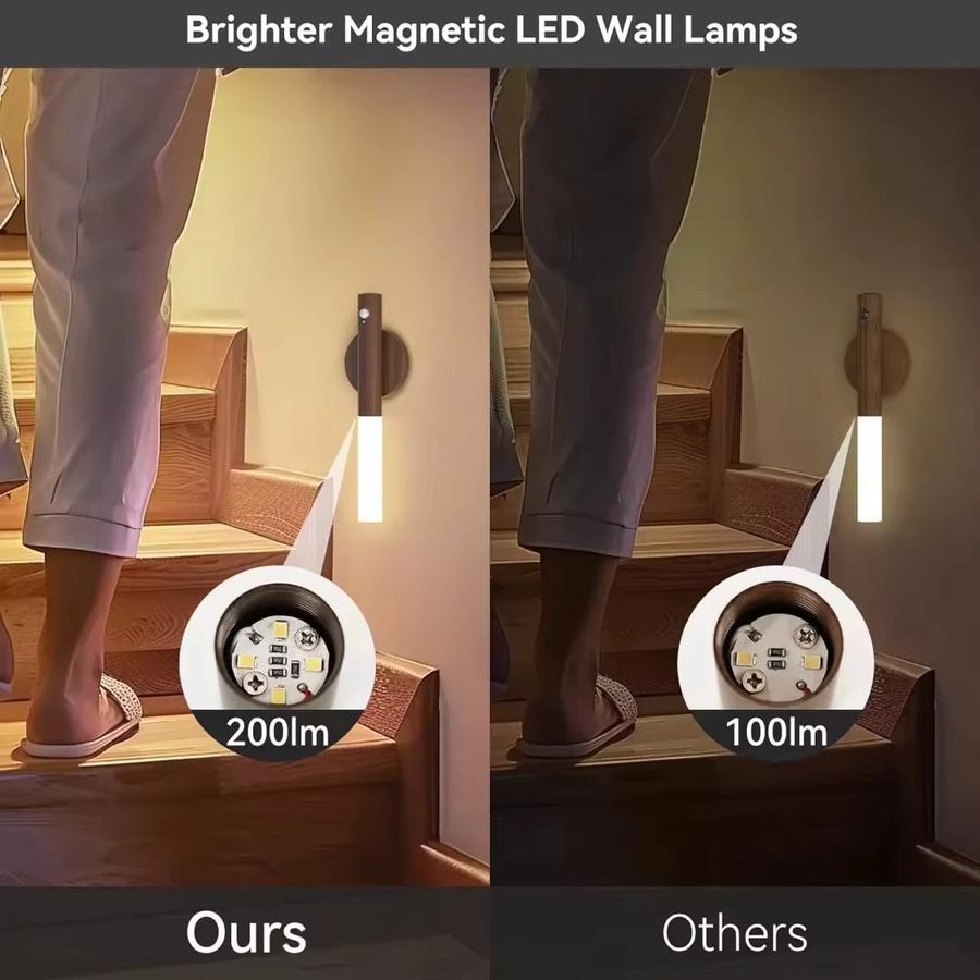 KDULIT LED Nachtlicht mit Bewegungssensor in Holzoptik, wiederaufladbare magnetische Wandleuchte für Küche und Schrank, Warmweiß, Braun - Bild 4
