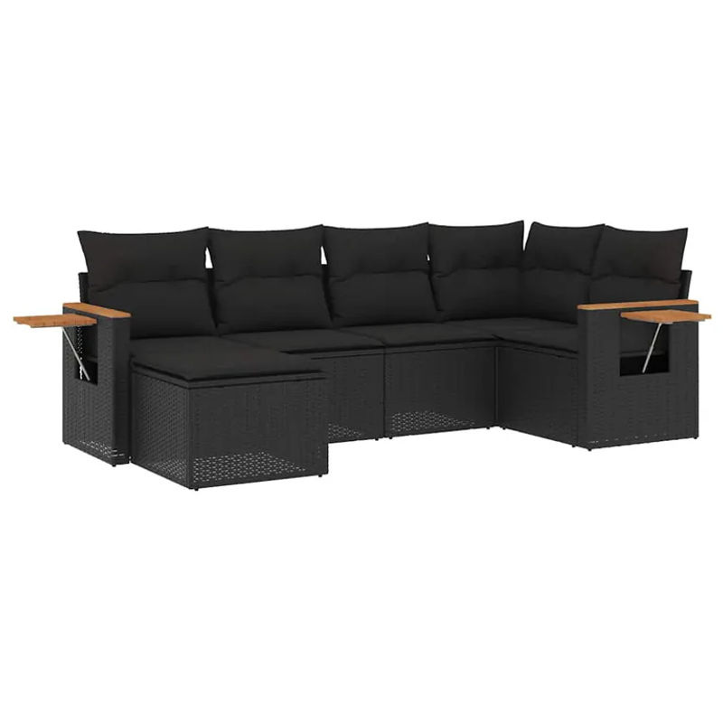 vidaXL 6-teilige Garten-Sofagarnitur aus Poly-Rattan und Akazienholz in Schwarz mit Kissen - Bild 2