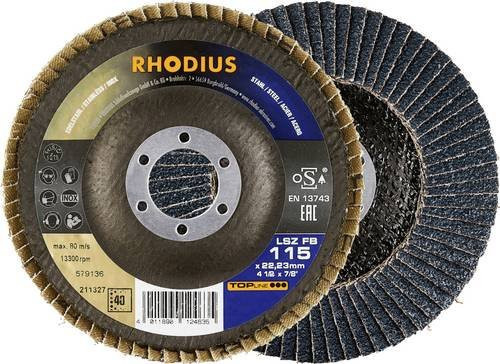 Rhodius Fächerschleifscheibe 211327 für Edelstahl und Stahl, Durchmesser: 115 mm, Bohrungs-Ø: 22,23 mm, Körnung: 40, Mehrfarbig - Bild 1