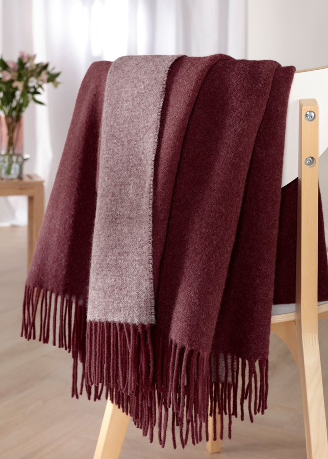 Biederlack Kaschmirplaid Wohndecke aus Wolle und Seide mit Fransen, Grau und Rot, B/B: 200 x 130 cm - Bild 1