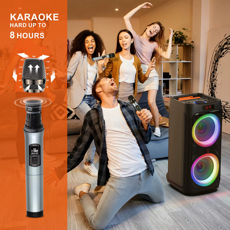 FanFun T9 Karaoke-Maschine mit 2 kabellosen Mikrofonen und Disco-Lichtern, tragbarer Bluetooth-Lautsprecher in Schwarz - Bild 2