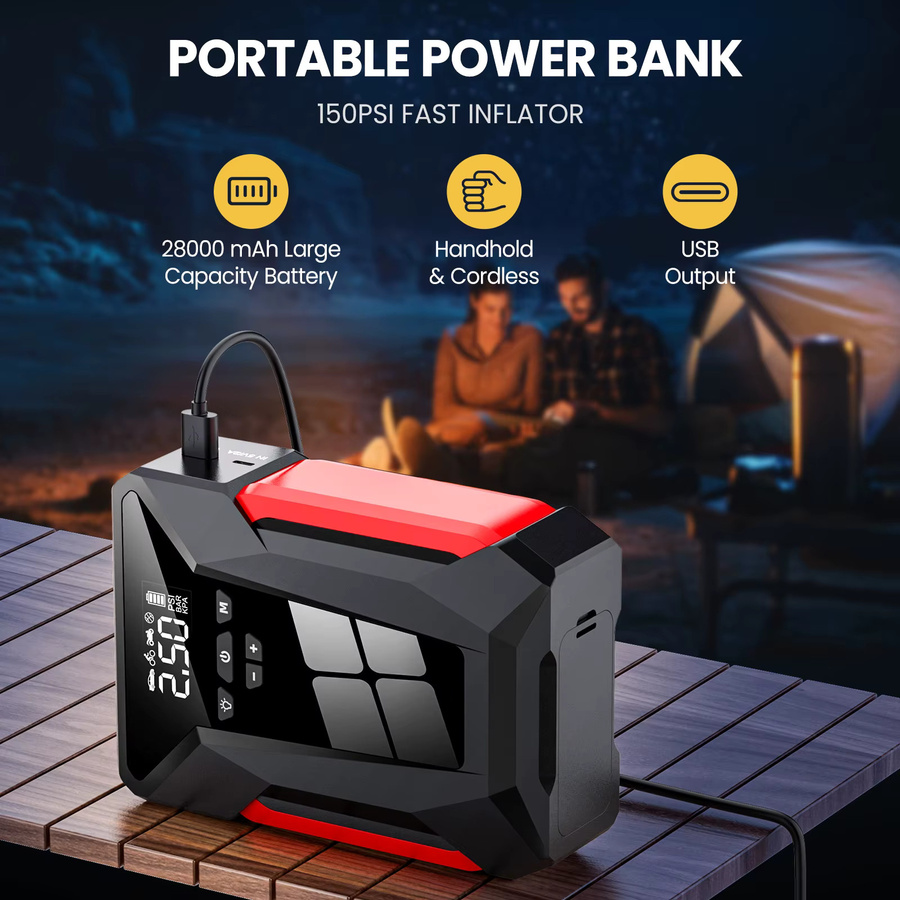 Betuyoo 4-in-1 Auto-Starthilfe mit 1200A Spitzenstrom, 10000mAh Powerbank, 150PSI Luftkompressor und LED-Taschenlampe für Benzin- und Dieselfahrzeuge - Bild 3