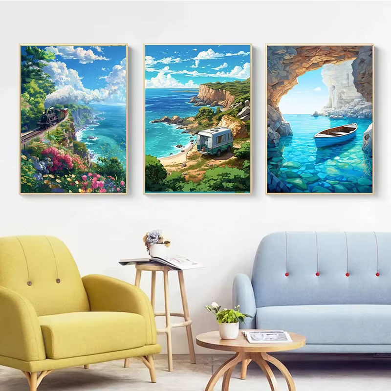 Potdemiel Leinwand Wandkunst Poster Sommer Landschaft mit blauer Hütte und Strand in modernem Anime-Stil - Bild 1