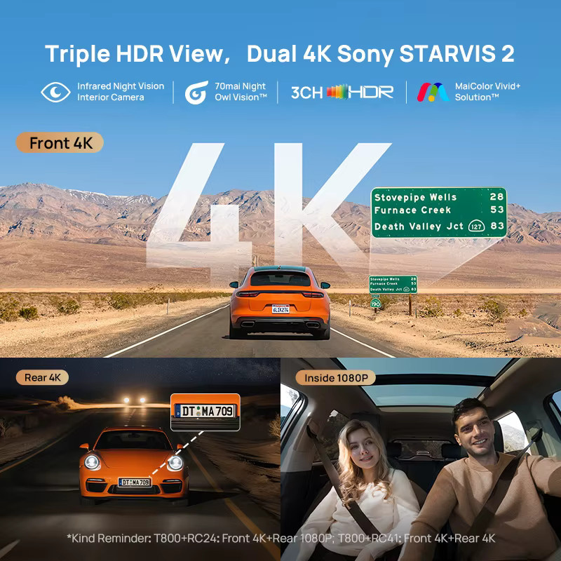 70mai 4K T800 3-Kanal-Dashcam mit Front-, Rück- und Innenkamera, HDR, GPS, ADAS und 24-Stunden-Parküberwachung in Schwarz - Bild 2