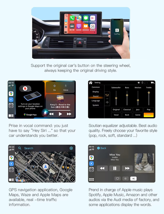 AUTOABC Kabelloses CarPlay und Android Auto Interface für Audi A6 A7 2012-2018 mit Mirror Link, AirPlay, Navigationsfunktionen und Rückfahrkamera, Schwarz - Bild 4