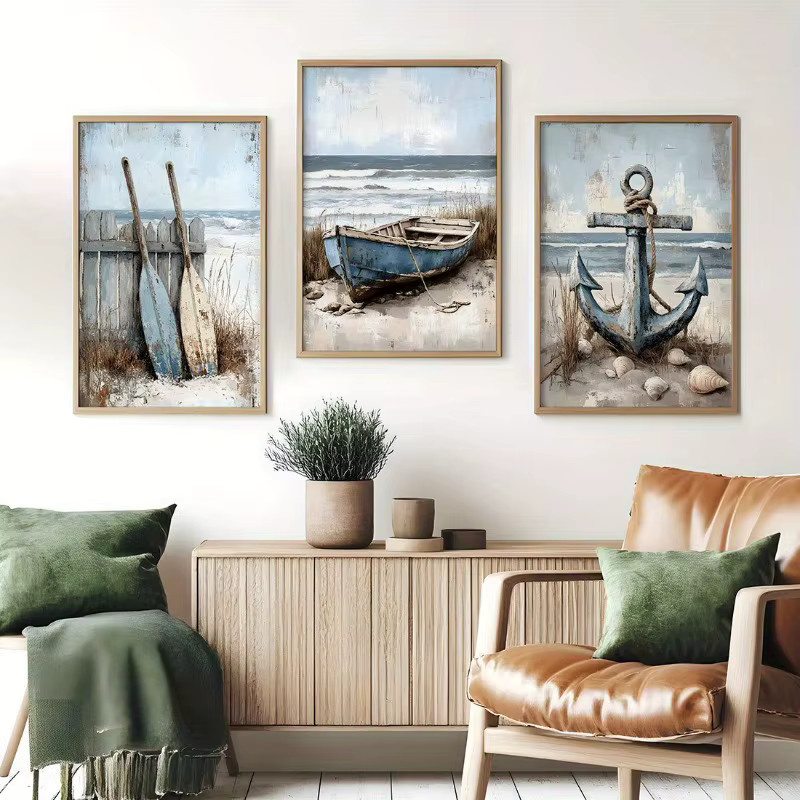 3-teiliges Set Leinwand-Wandkunst von Potdemiel mit maritimem Ozeanmotiv in Blau und Weiß - Bild 3