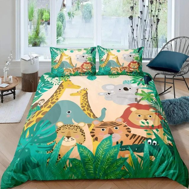Bettwäsche-Set mit Cartoon-Tierprint Savanne und Dschungel von Binchi Outdoor Product, Kinder Bettbezug und Kissenbezug aus Mikrofaser, Mehrfarbig, B/H: 135 x 200 cm - Bild 1