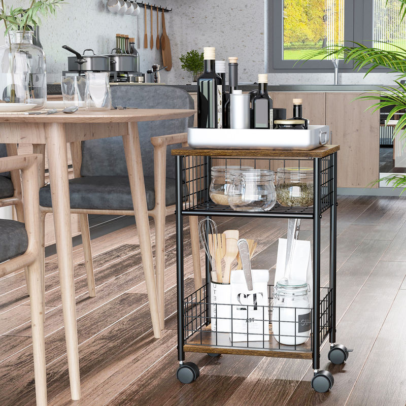 HOMCOM Küchenwagen Servierwagen mit Arbeitsplatte und 2 Aufbewahrungskörben in Braun, B/T/H: 40 x 30 x 62 cm - Bild 2