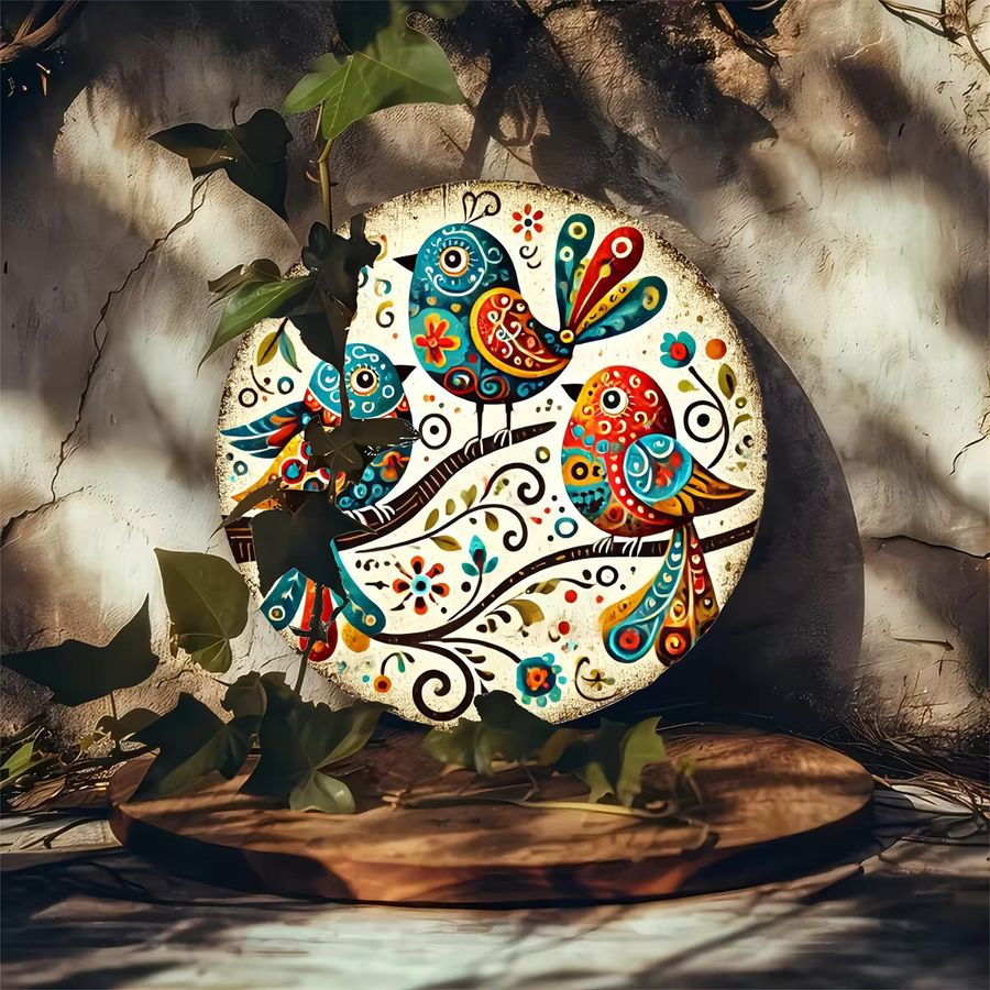 Potdemiel Wandkunst Vogel-Trio aus Metall in Multicolor mit floralen Akzenten, Rundes Eisenschild, Durchmesser: 20,3 cm - Bild 6