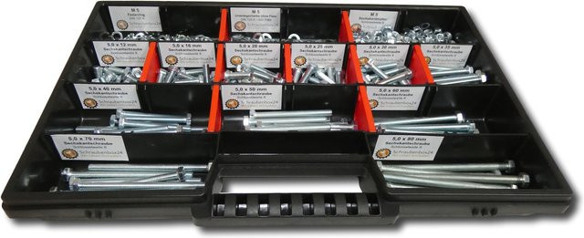 Schraubenbox24 700-teiliges Sechskantschrauben-Sortiment mit Muttern, Unterlegscheiben und Federringen in Silber, M5, Schraubenlängen 12mm bis 80mm - Bild 1