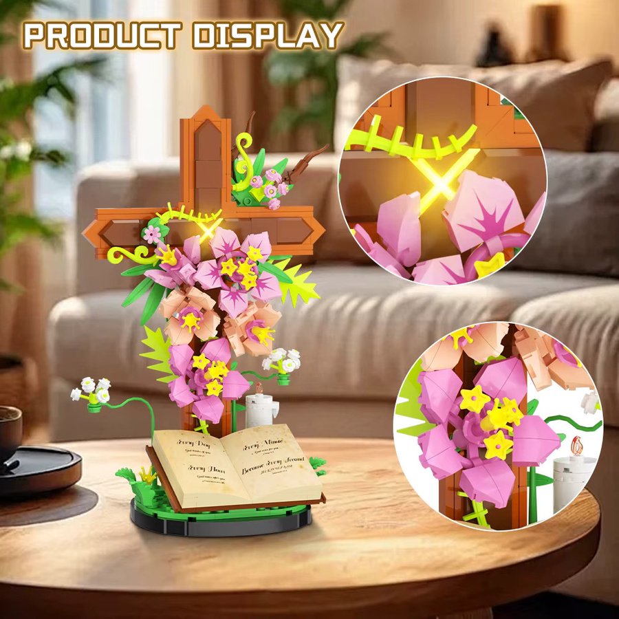 Gobricks MOC Jesus Kreuz Tulpe Bibel Blume, Bausteine Spielzeug - Bild 2