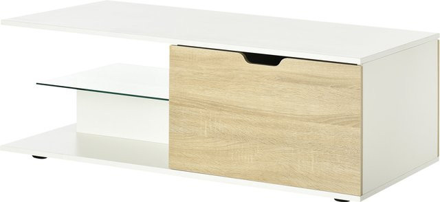 HOMCOM Couchtisch rechteckig mit gehärteter Glasplatte und 2 Schubladen sowie 2 Fächern in Weiß und Eiche-Holzoptik B: 106 cm, T: 58 cm, H: 39 cm - Bild 1