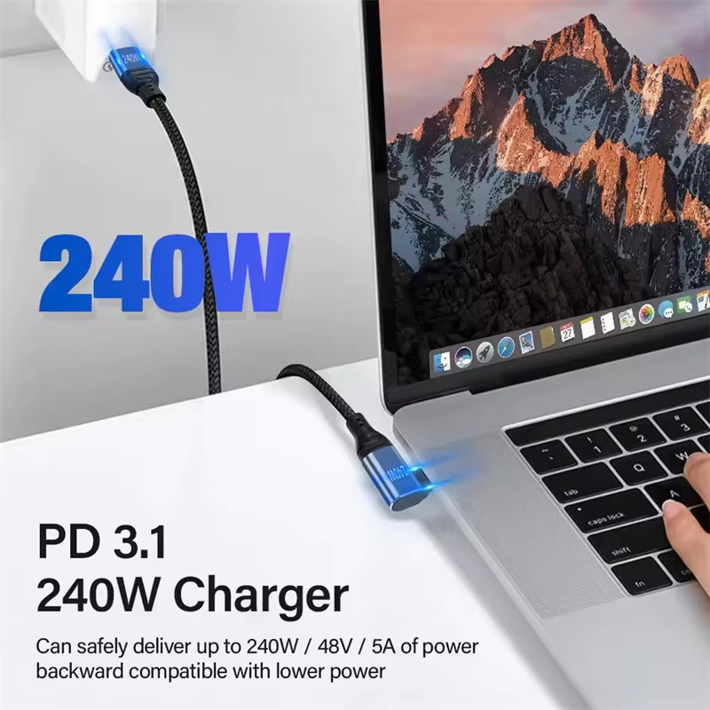 OUIO USB Typ C Schnellladekabel mit 90-Grad-Winkel, 240 W PD3.1 Datenladekabel für iPhone, MacBook Pro, Samsung und Xiaomi, Farbe: Schwarz - Bild 2