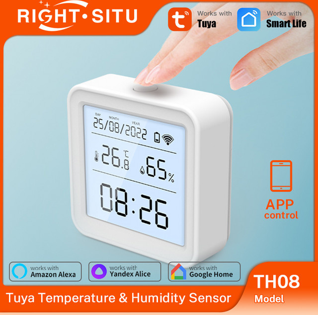 RightSitu Tuya WIFI Temperatur und Feuchtigkeit Sensor Hygrometer Thermometer mit Hintergrundbeleuchtung in Weiß für Smart Home App Steuerung via Alexa und Yandex - Bild 1