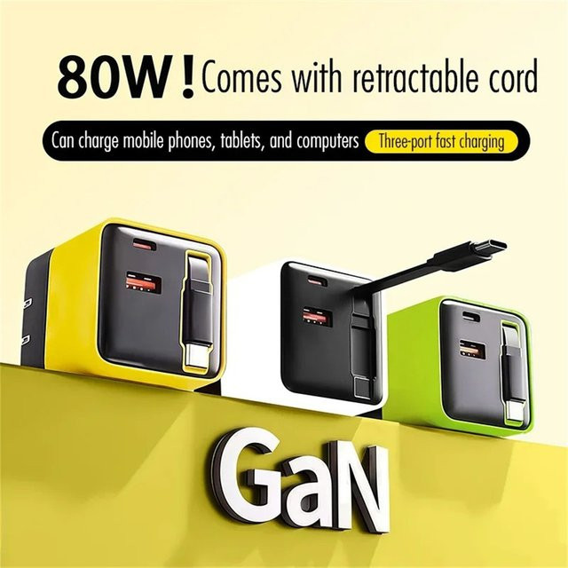 80W GaN USB-C Schnellladegerät mit einziehbarem Kabel für iPhone, Samsung, Xiaomi und Huawei - Bild 1