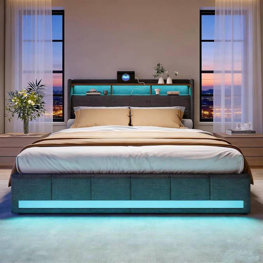 ROSAHQNDA Polsterbett Beige mit Schubladen, LED-Beleuchtung und USB-Anschluss, Stoff - Bild 2