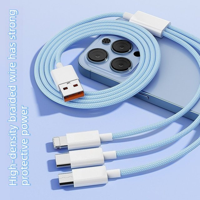 Tragbares 3-in-1 Multifunktions-Autoladekabel in Blau mit Schnellladefunktion und geflochtenem Design, Länge: 1,2 m, kompatibel mit Apple, Android und Typ-C - Bild 1