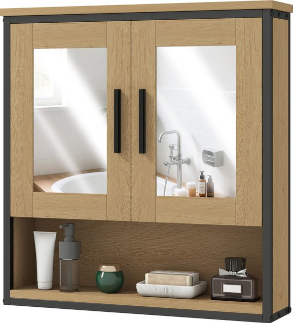 Aosom Wandspiegelschrank Badezimmer in Eiche mit offenem Fach und verstellbaren Regalen - Bild 1