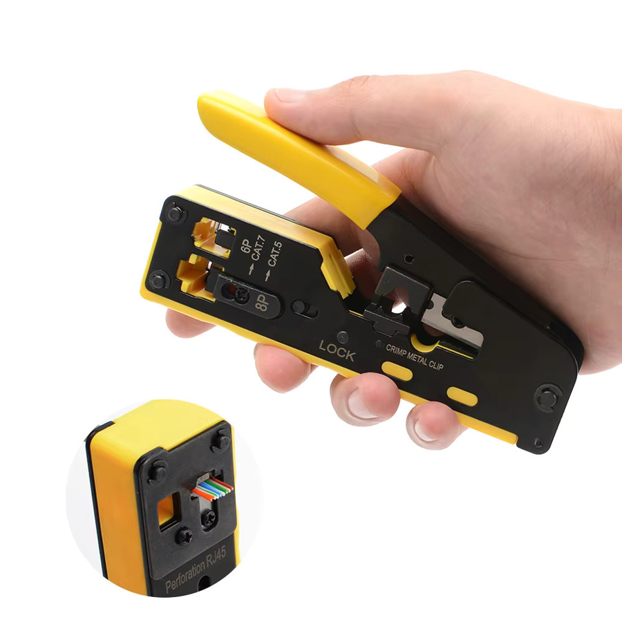 Gelbes RJ45-Crimpwerkzeug-Set mit Ratsche für Cat6 und Cat5 Ethernet-Datenkabel - Bild 3