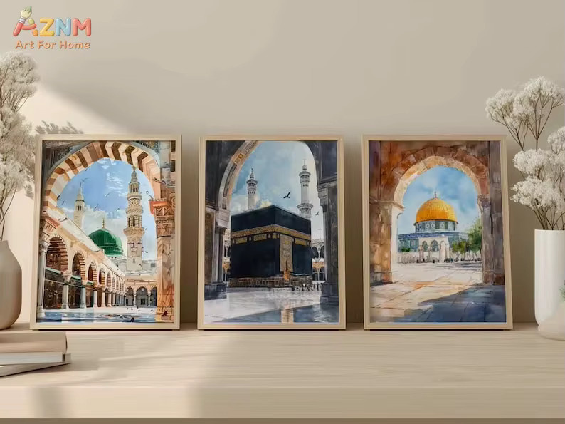 AZNM Aquarell Leinwandgemälde Islamische Heilige Stätten Kaaba Felsendom Prophetenmoschee Mehrfarbig Ungerahmt - Bild 2