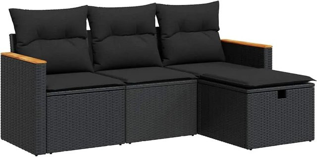 vidaXL 4-teilige Garten-Sofagarnitur aus Poly-Rattan und Akazienholz in Schwarz mit Kissen - Bild 1
