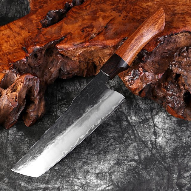 XITUO 7-Zoll Japanisches Nakiri-Messer aus handgeschmiedetem Kohlenstoffstahl mit 3-lagigem Palisandergriff in Silber - Bild 1