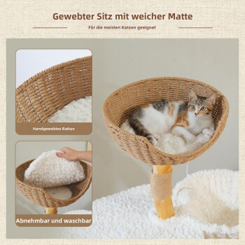 Pawz Road Moderner Katzenbaum aus Rattan und Naturholz in Weiß mit Hängematte und Höhle, Höhe: 120 cm - Bild 2