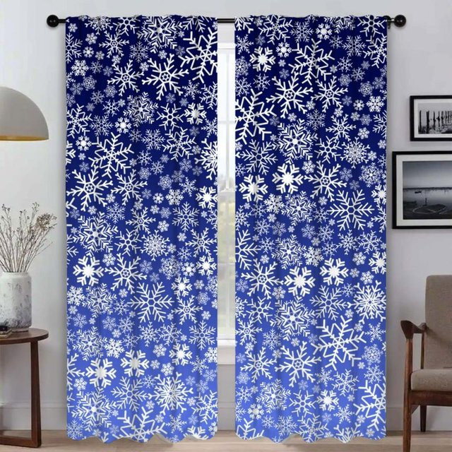 2er-Set Verdunkelungsvorhänge mit Schneeflocken-Design in Blau, halbtransparente Tüll-Fenstervorhänge für Schlafzimmer und Raumteiler, Breite: 50 cm, Höhe: 70 cm - Bild 1