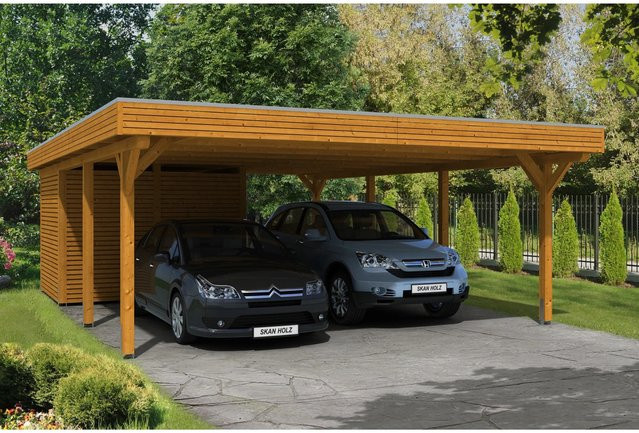 Skan Holz Carport Spessart aus Fichte Leimholz mit Abstellraum und Aluminium-Dachplatten in Beige, B/T: 611 x 846 cm, Höhe: 258 cm - Bild 1