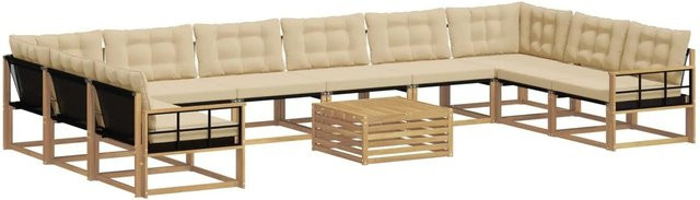 vidaXL Outdoor-Sofagarnitur aus Akazienholz in U-Form mit Textilene-Bezug und Kissen, 11-teilig, Weiß und Beige - Bild 1