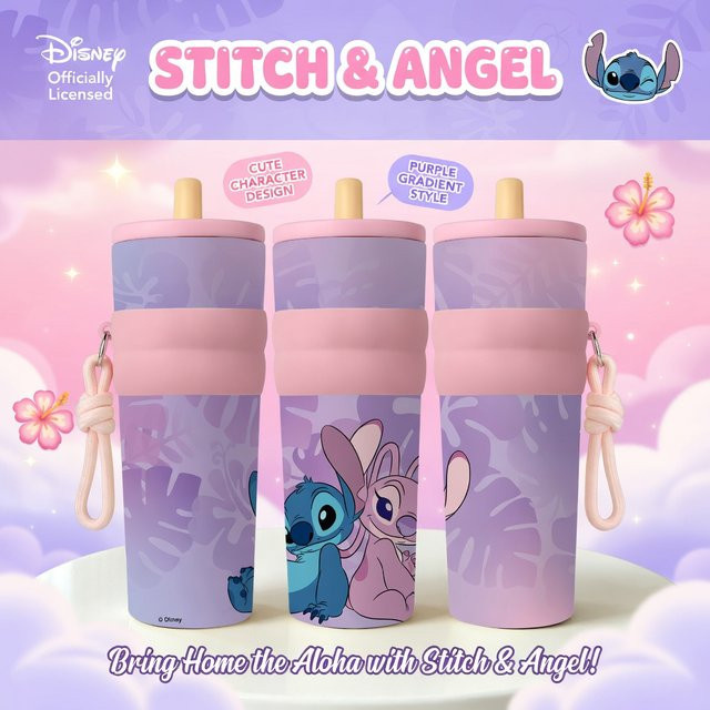 Disney Stitch & Angel Edelstahl-Thermobecher mit Strohhalm und Trageschlaufe, Rosa, 24,5 oz - Bild 1