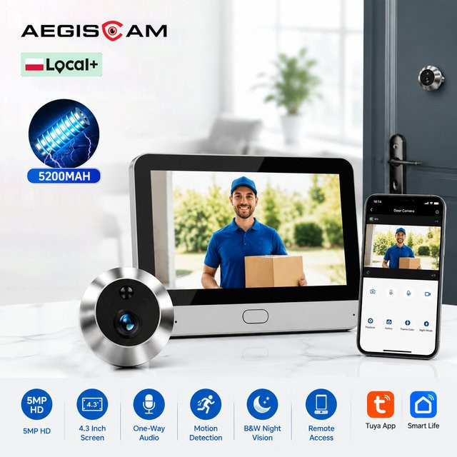 Aegiscam Mini 5MP WLAN-Video-Türklingelkamera mit 4,3-Zoll-Innenmonitor, PIR-Bewegungserkennung und 5200mAh Akku in Schwarz und Silber - Bild 1