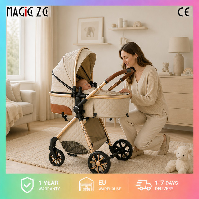 Magic ZC Premium 3-in-1 Kinderwagen-Set mit Babywanne, Autositz und Sportsitz, klappbar und verstellbarer Griff, Blau/Beige - Bild 1